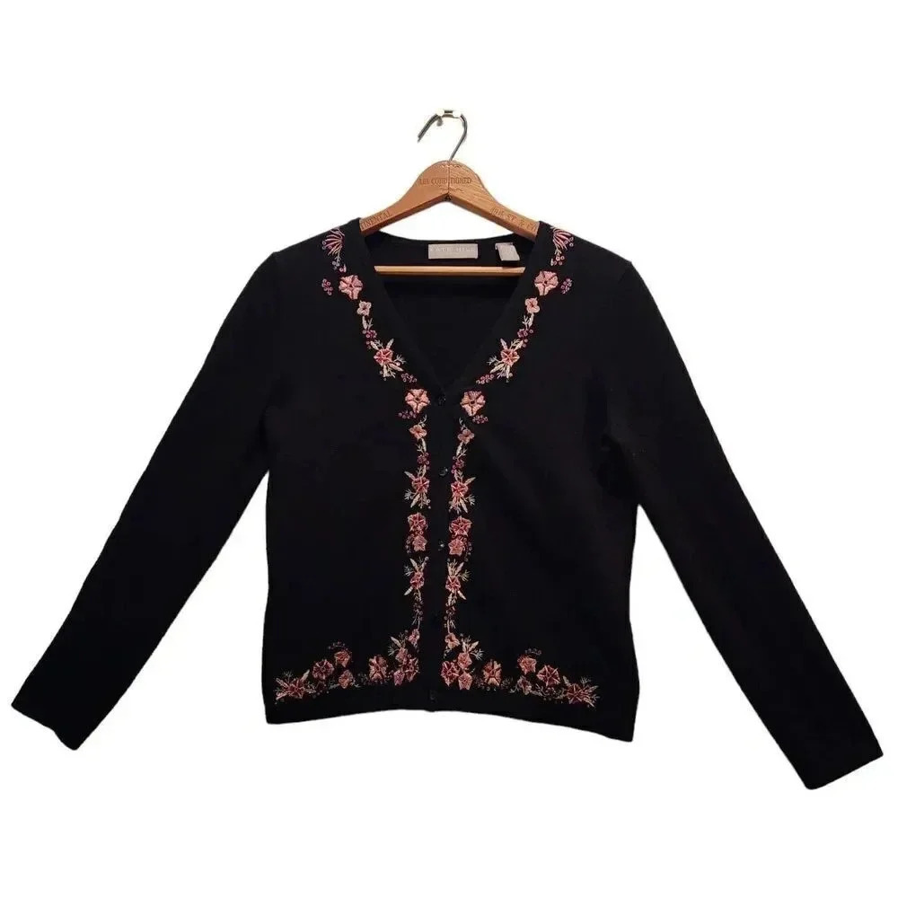 Kate Hill Cardigan Sweater Womens Petite PXS Black Embroidery VNeck Button Front